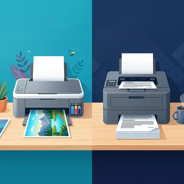 Illustration of an inkjet printer printing a photo beside a laser printer producing text pages