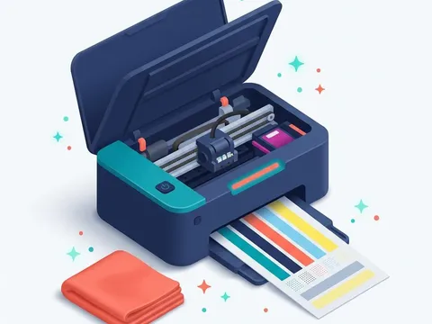 Illustration of an open printer beside a cleaning cloth and a color test page