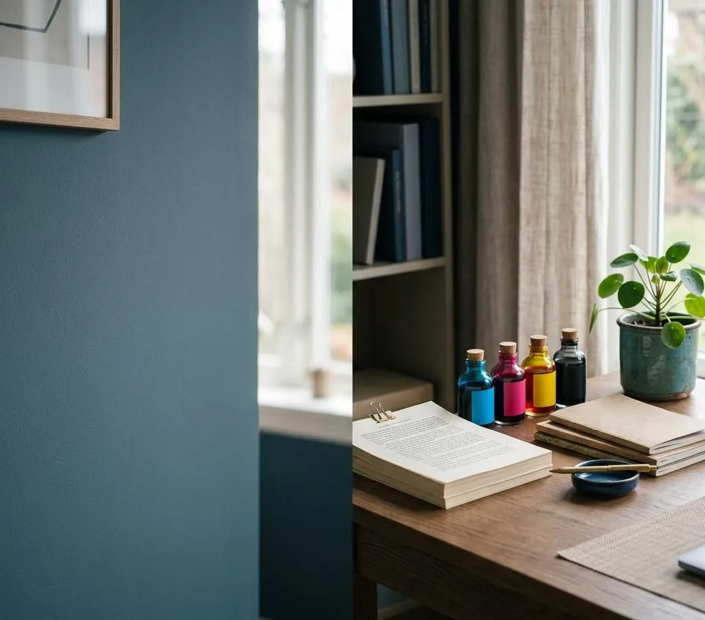 A tidy desk with stacked printed pages and colored ink bottles in soft daylight