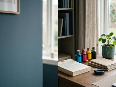 Printed pages and unlabeled ink bottles on a tidy desk